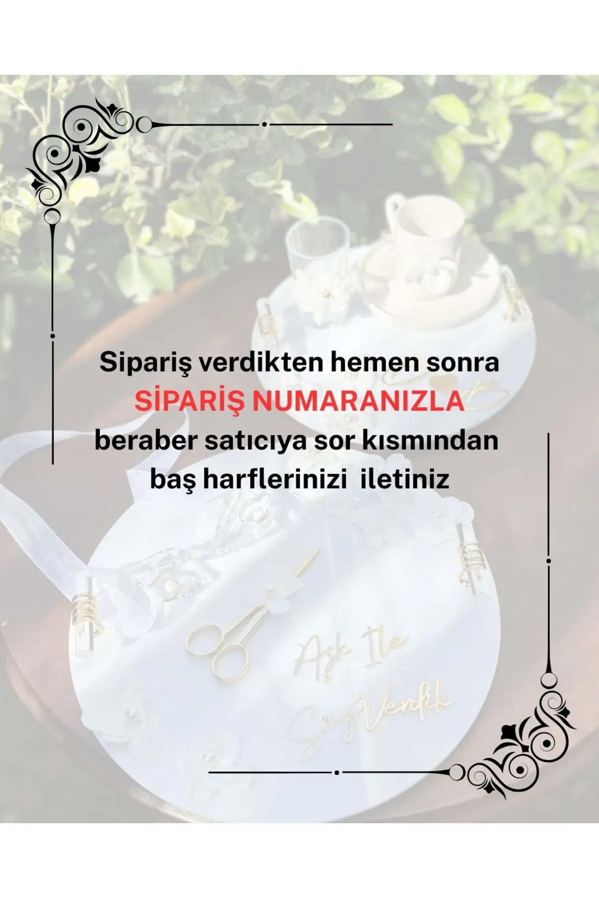 Yuvarlak Beyaz İnci söz nişan tepsi seti, incili damat kahve tepsisi incili söz- Nişan kurdelesi - Görsel 2
