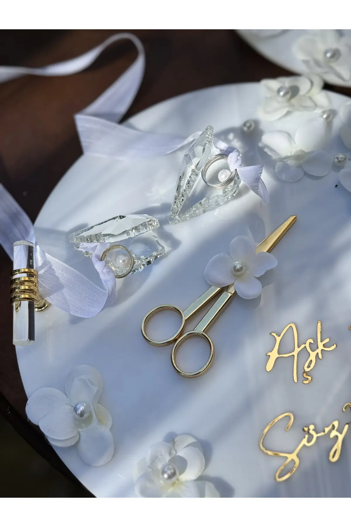 Yuvarlak Beyaz İnci söz nişan tepsi seti, incili damat kahve tepsisi incili söz- Nişan kurdelesi - Görsel 7