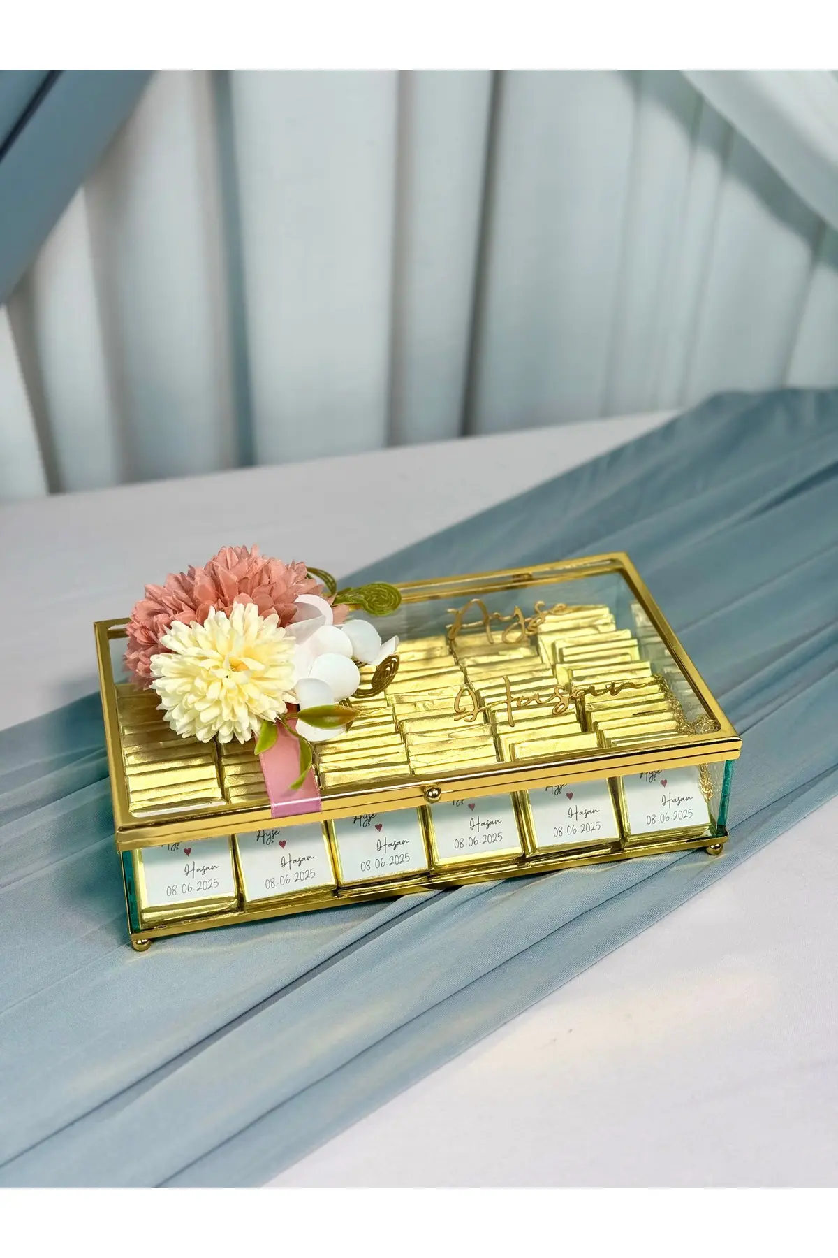 Cam Kutu Süslemeli Kız İsteme Çikolatası 60 Adet Söz,Nişan Bebek Çikolatası