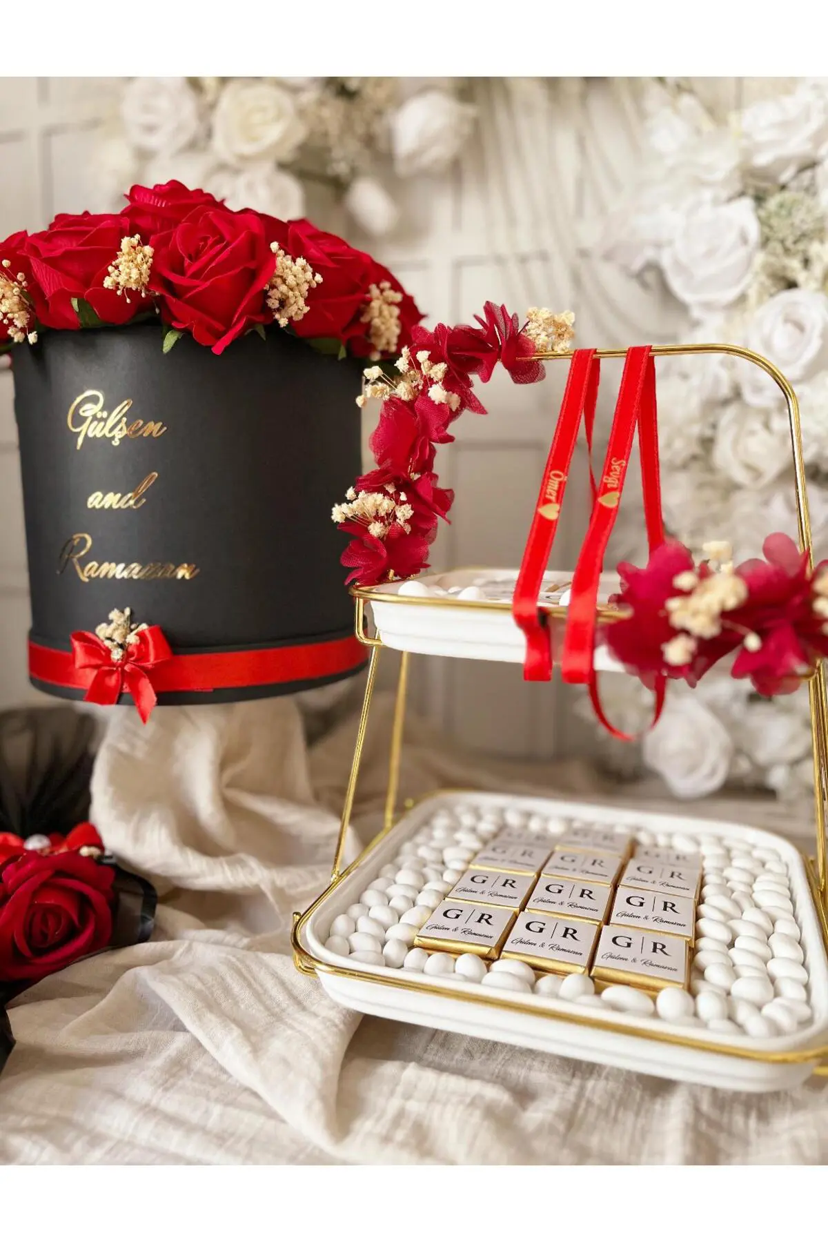 Nişan Seti 20li Kız İsteme Gülü 60lı İsimli Çikolatalık Alyans Kurdelesi ve Hediye 3 Gül - Görsel 5