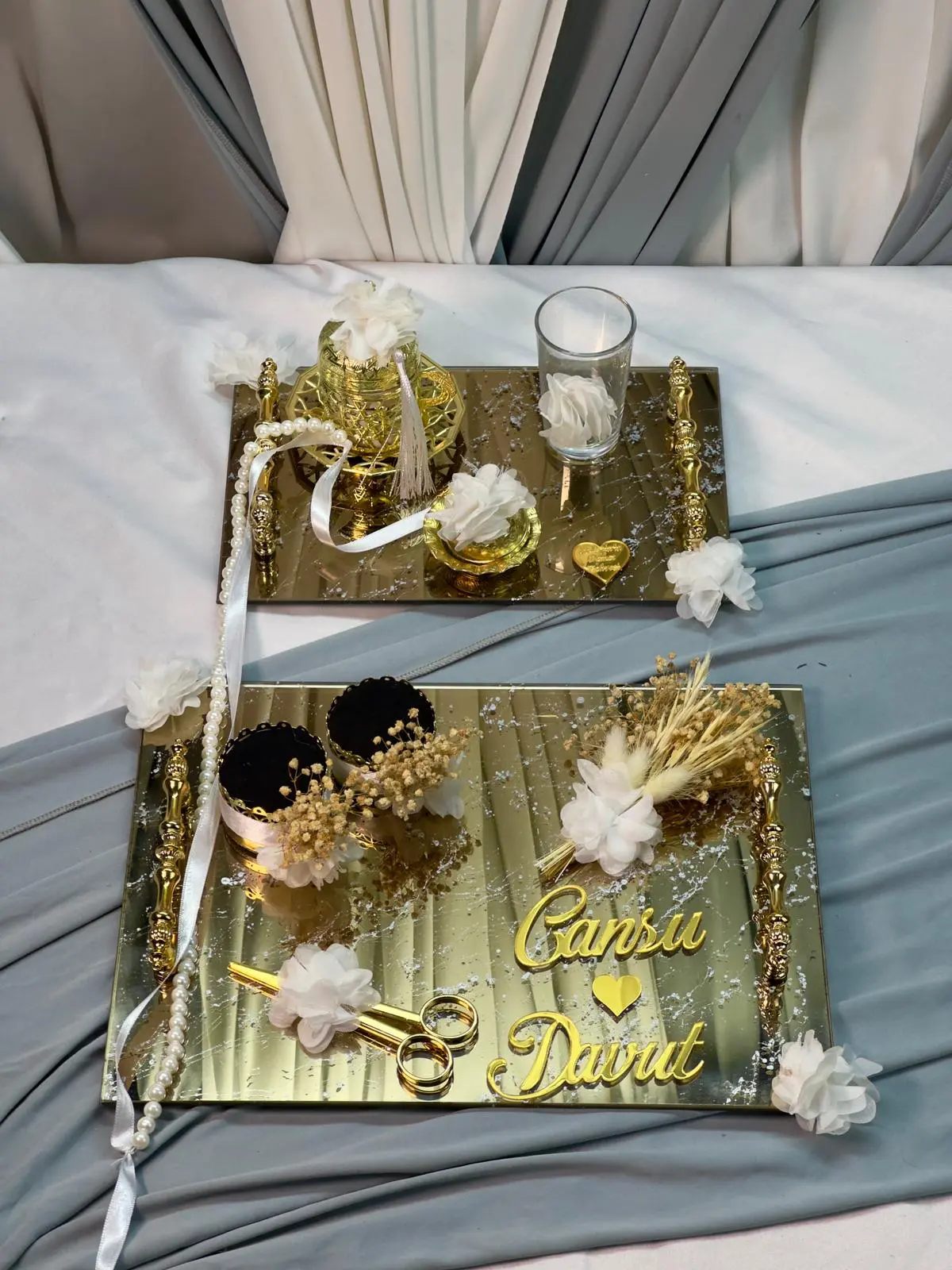 Gold Aynalı Söz Nişan Tepsisi Yüzük Tepsisi Damat Kahve Tepsisi İncili Kurdale Hediye - Görsel 4