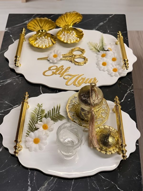 Oval Papatya Model Söz Nişan Tepsisi Kız İsteme Tepsisi Damat Kahve Tepsisi