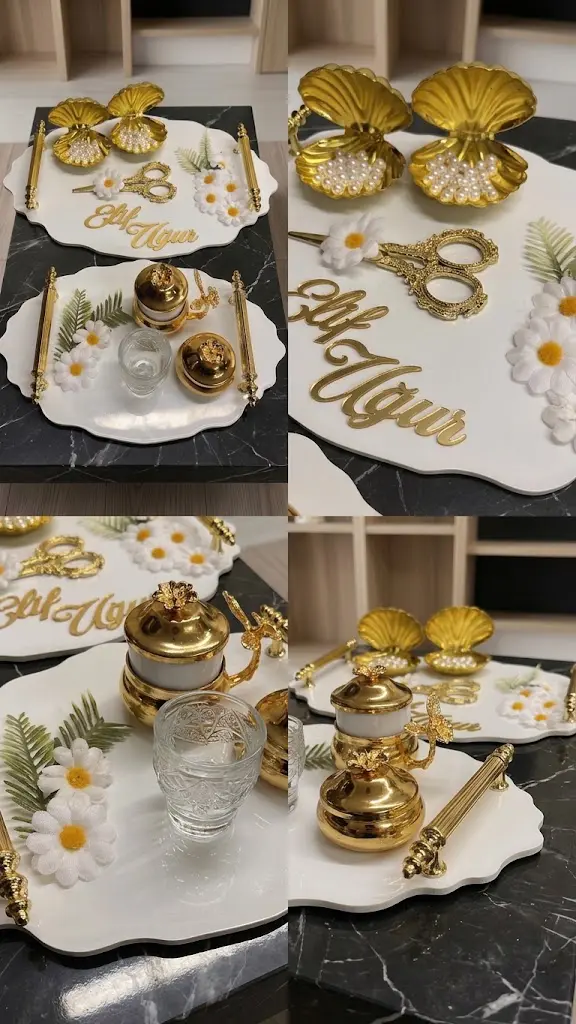 Oval Papatya Model Söz Nişan Tepsisi Kız İsteme Tepsisi Damat Kahve Tepsisi - Görsel 2